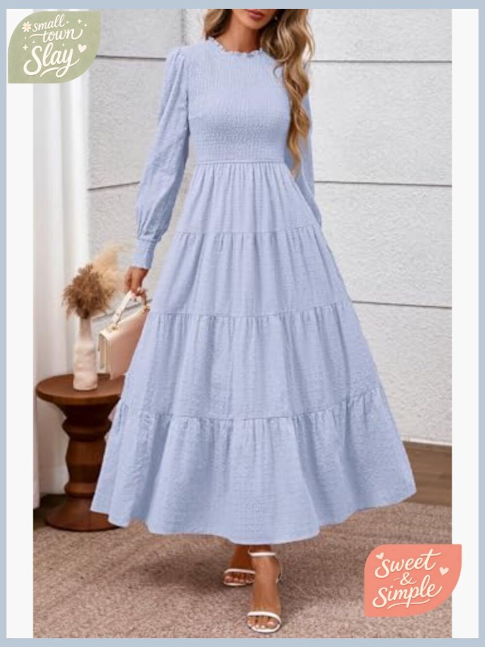 Long Sleeve Maxi Dress Smocked Waist Swiss Dot Formal Wedding Guest - Picture 2 of 7